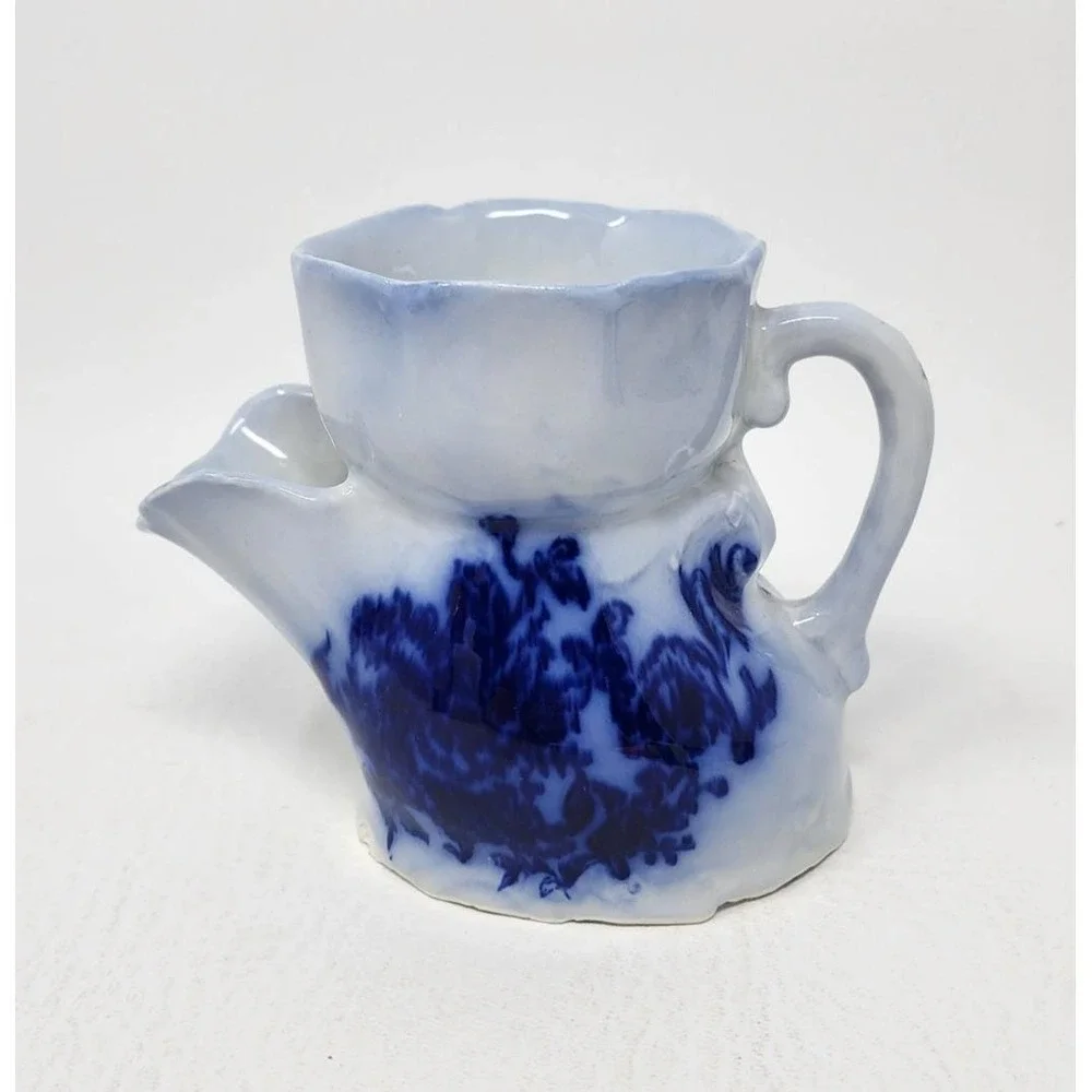 Antique Ceramic Scuttle Shaving Mug Blue Floral Victorian Male Vanity Decor 4